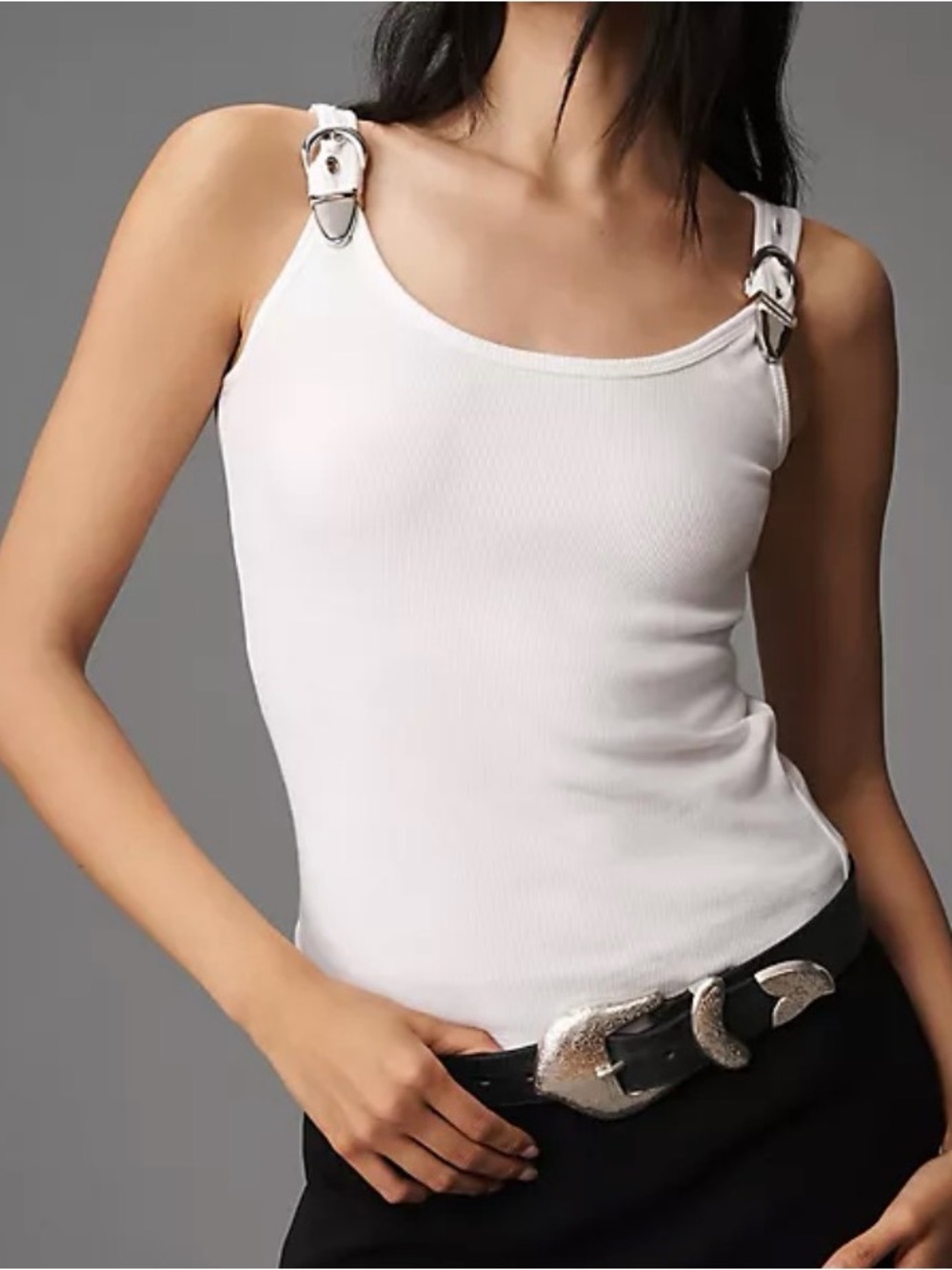 Cable & Gauge White Ribbed Tank with Buckle-Strap Details